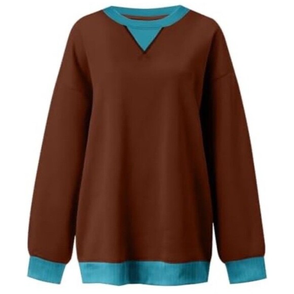 Womens Long Sleeve Oversized Pullover Sweatshirt Athleisure Comfy M Brown/Teal - Picture 3 of 3